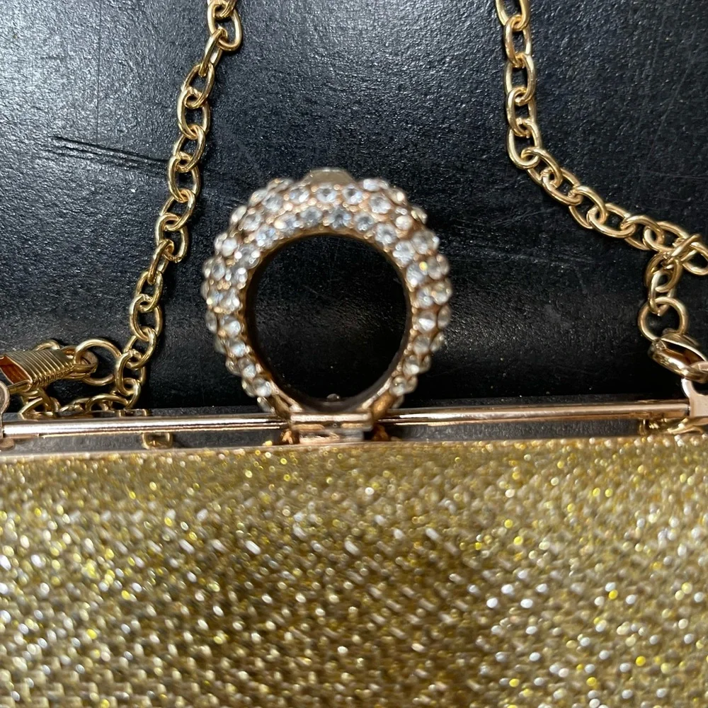 Gold Glitter Rectangle Clutch with Chain Strap
